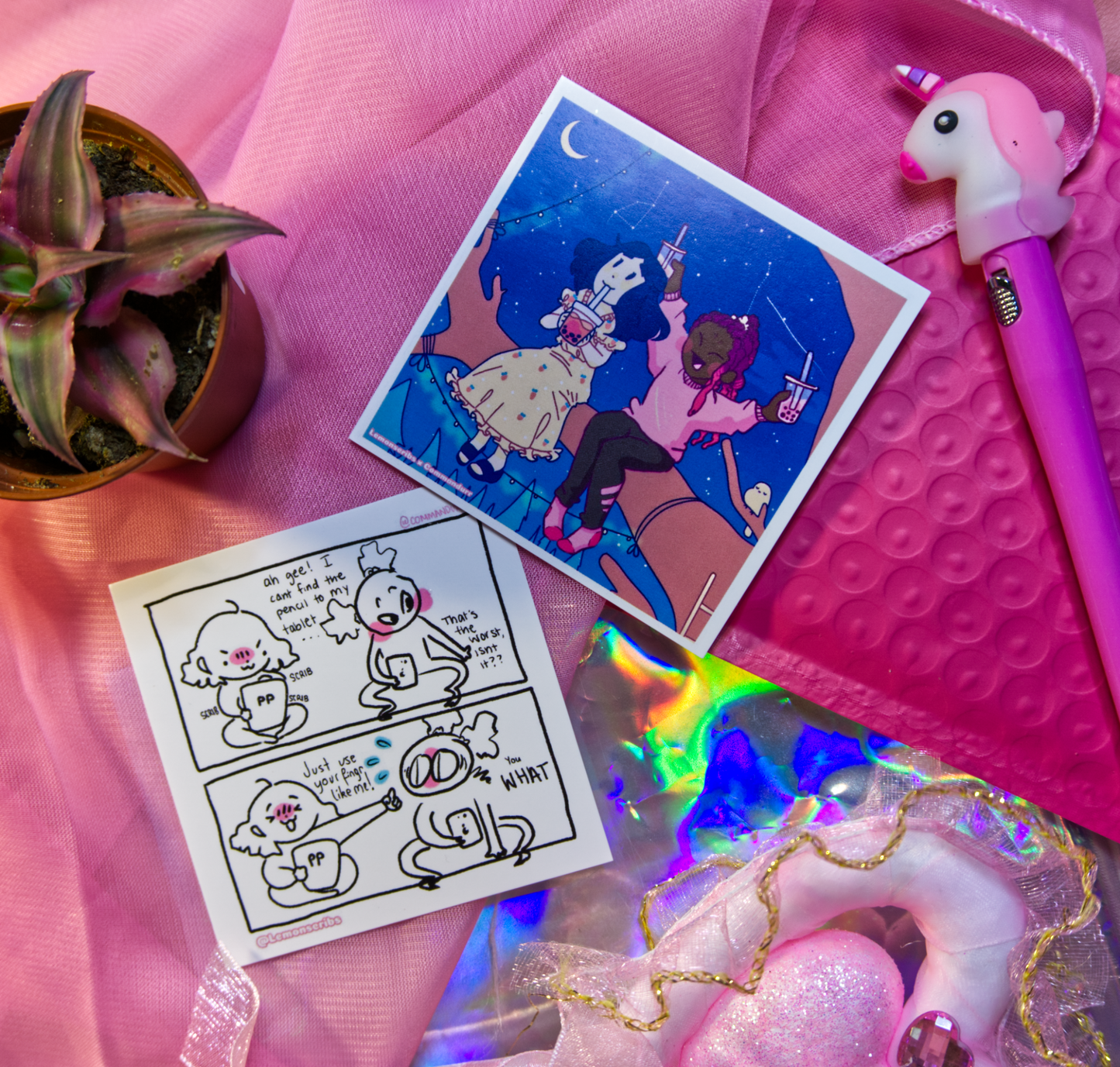 Image of Lemon and Lee Mini Print set, in front of a pink background.