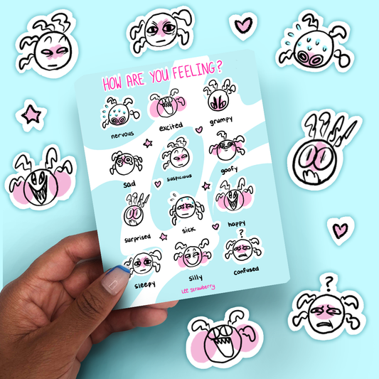 An illustration of twelve faces arranged in a three by four grid. Every face is a removable sticker and each is making a unique, stylized expression, based on the emotion listed directly under it; the artist has used varying amounts of pink blush on the subjects as a way to convey the intensity of the emotion., and the emotions being portrayed are as follows: nervous, excited, grumpy, sad, suspicious, goofy, surprised, sick, happy, sleepy, silly, and confused. The background is blue and white.