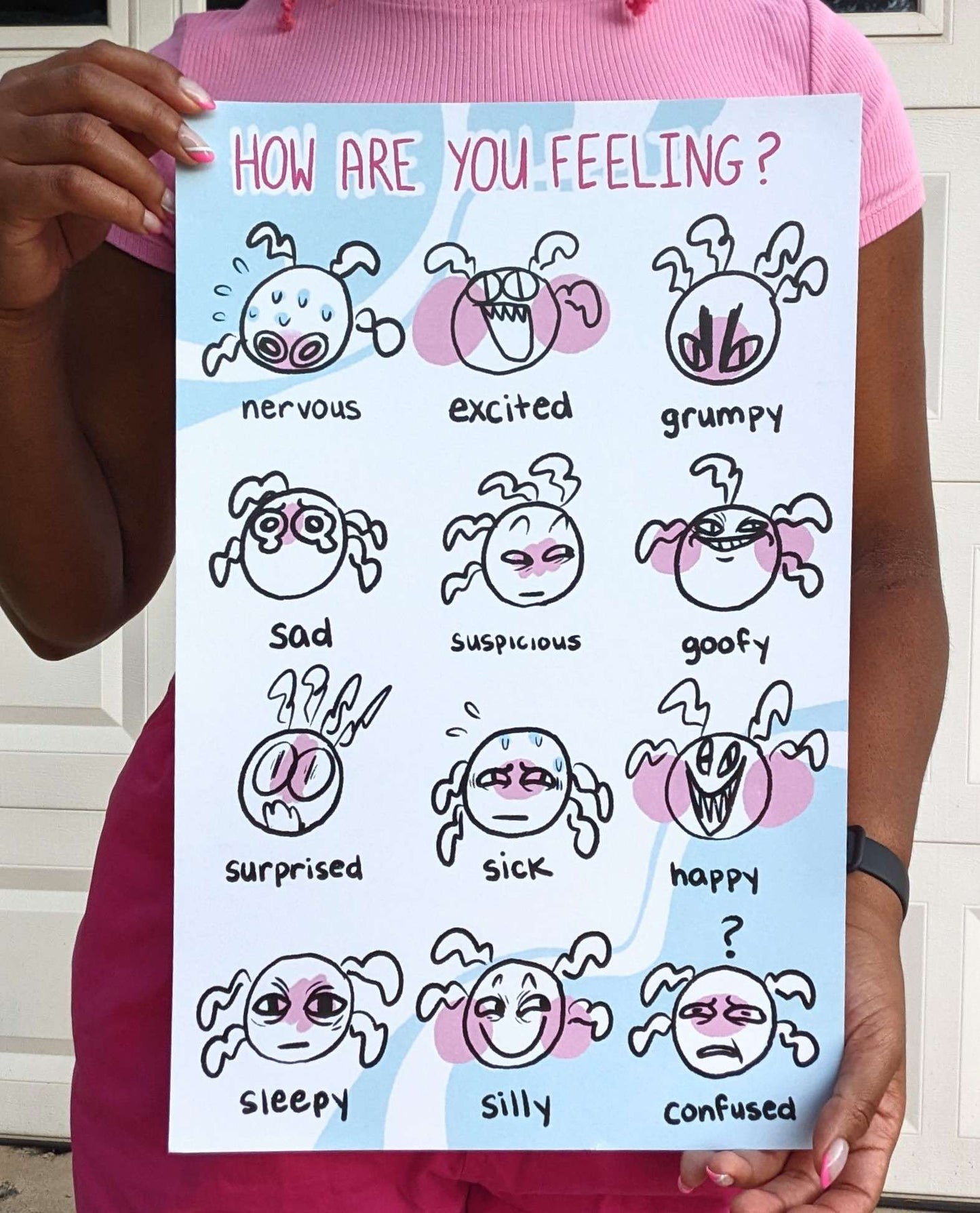 An illustration of twelve faces arranged in a three by four grid. Each face is making a unique, stylized expression, based on the emotion listed directly under it; the artist has used varying amounts of pink blush on the subjects as a way to convey the intensity of the emotion. The emotions being portrayed are as follows: nervous, excited, grumpy, sad, suspicious, goofy, surprised, sick, happy, sleepy, silly, and confused. The background is blue and white.