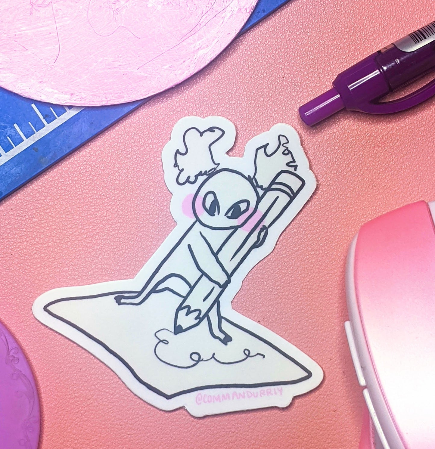 Detail shot of Busy Busy sticker. 