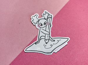 Busy Busy sticker in front of a dark pink and light pink background. 